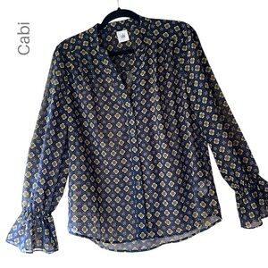 CABI | NWOT MOSAIC BLOUSE BUTTON FRONT LONG SLEEVE RUFFLE CUFF NAVY BLUE | SMALL